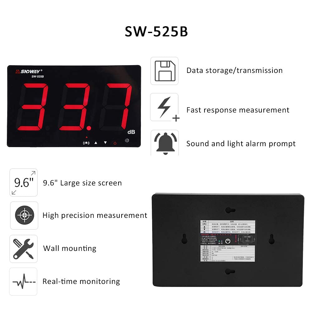Miernik poziomu dźwięku, 30 ~ 130 db 9,6 cala LCD wiszący na ścianie decybel tester hałasu z rejestratorem danych i alarmem (SW-525B)