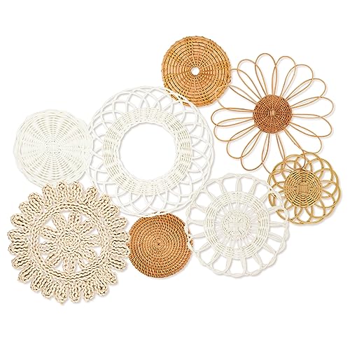 Image of Boho Wall Basket Decor Set of 8,Rattan Flower Wall Decor,Flat Woven Baskets Wall Hanging Decor,Unique Boho Wicker Seagrass Wall Decor(Rattan Classic)