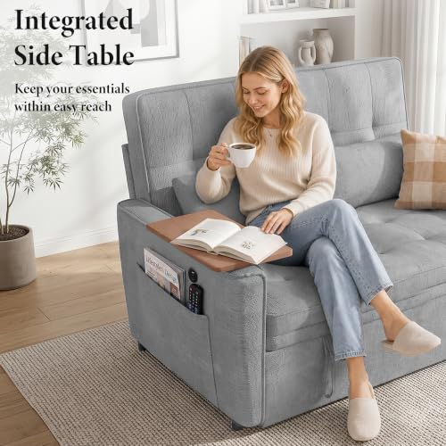 Image of Dreamzie 54'' Convertible Sleeper Sofa Bed with Swivel Side Table, Chenille Pull Out Couch for Living Room, Loveseat Sleeper Couch with Side Pocket | Charging Port | Cup Holder, Light Grey