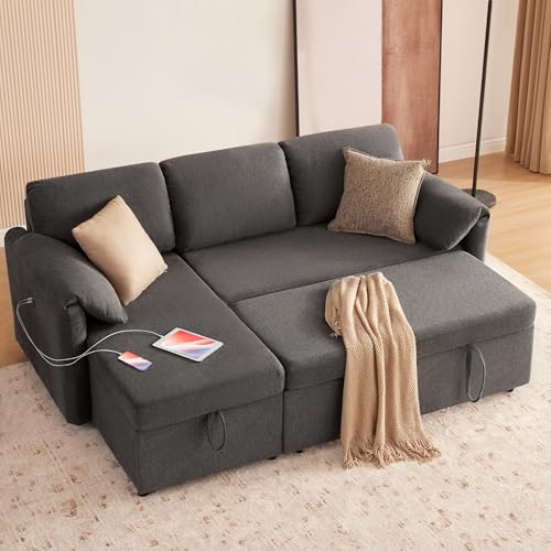 Tbfit 83'' Pull Out Sofa, 3 in 1 Sleeper Sofa Couch with USB & Storage Chaise, Comfy Sofa Bed with Pull Out Bed, Convertible Sleeper Sofas for Living Room, Small Spaces, Dark Gray
