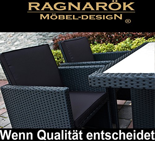 Ragnarök-Möbeldesign Garten Essgruppe inkl. Kissen und Glas | Aus Polyrattan in Schwarz | Tisch + 4 Stühle & 4 Hocker - 0634065718138 Ragnarök-Möbeldesign Garten Essgruppe inkl. Kissen und Glas | Aus Polyrattan in Schwarz | Tisch + 4 Stühle & 4 Hocker