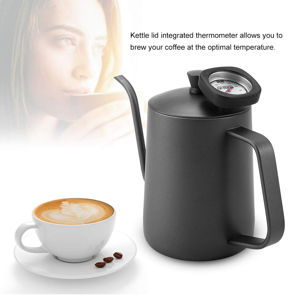 Czajnik do kawy nalewany ze stali nierdzewnej o pojemności 600 ml z gęsią szyją, termometrem i powłoką teflonową do precyzyjnego parzenia, zielony (Czarny)
