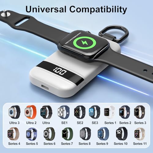 Image of Portable Charger for Apple Watch, 2500mAh & Digital Display - Magnetic Fast Charging iWatch Charger for Travel - for Apple Watch Series (White)