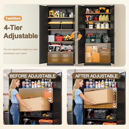 Image of 71 inch Tall Kitchen Pantry Cabinet, Metal Kitchen Pantry Storage Cabinet with Doors and 4 Adjustable Shelves, Black Pantry Cabinet for Living, Dining Room, Bathroom