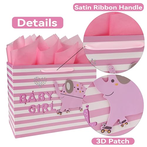 Image of wishinside 13 inch Large Pink Gift Bag Set with Greeting Card and Tissue Paper(3D elephant) for Baby Girl,Baby Shower,Kids Birthday Party,Newborn,New Moms or Parents-13 inch x 5.2 inch x 10.2 inch, 1 Pcs.