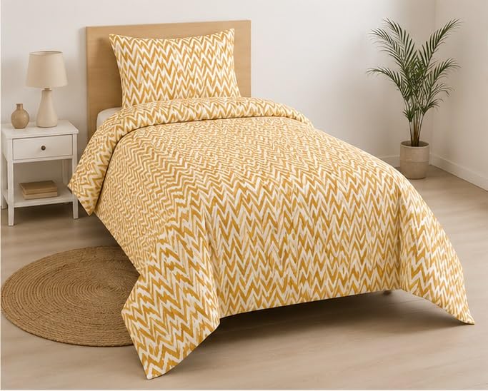 Image of 210 TC Glace Cotton Soft Cotton Zig Zag Design Flat Queen Size 60x90 inches Bedsheet Set - Lightweight & Durable 1 Bed Sheet with 1 Pillowcase 17x27 inches Yellow