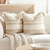BlissBlush Decorative Throw Pillow Cover 18X18 Combo Set of 2 Square Cream Neutral White Boho Accent Pillowcase Tassels Farmhouse Cushion for Couch Sofa Bedroom Living Room Home Décor Cover ONLY