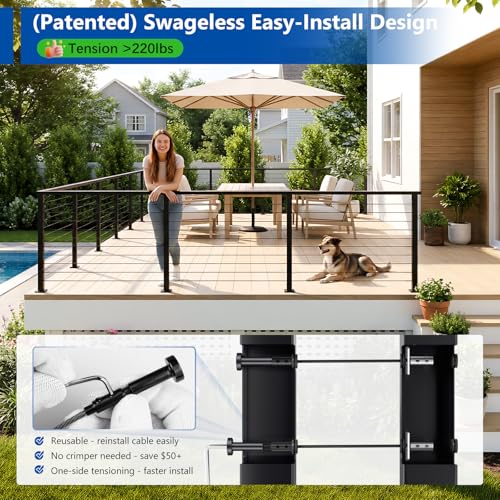 Image of 10 Pair Black Patent Swageless Invisible Cable Railing Kit, T316 Stainless Steel Reusable Tensioner & Terminals, Screw-Locking No Crimping for 2 inch x 2 inch Horizontal Metal Level Corner Post