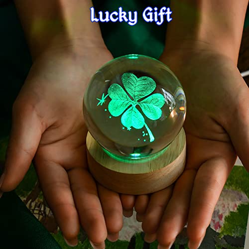 Image of 3D Four-Leaf Clover Crystal Ball 60mm Good Luck Gifts Ideas for Her Him | Decorative Glass 4-leaf Clover Globe with Multicolor Lighting Base St Patricks Day Gifts for Women Men Room Decor