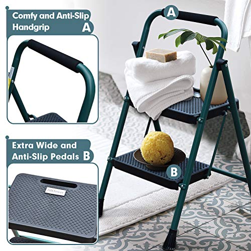 Hbtower 2 Step Ladder, Folding Step Stool With Wide Anti-Slip Pedal, Sturdy Steel Ladder, Convenient Handgrip, Lightweight 500Lbs Portable Steel Step Stool, Green And Black #TOP3