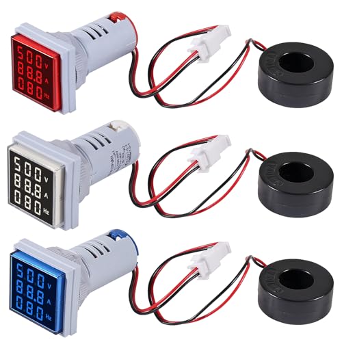Image of 3PCS Square LED Digital Voltmeter Ammeter Hertz Meter AC20-500V Signal Lights Voltage Current Frequency Combo Meter Indicator Tester with CT(White+Blue+Red)