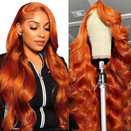 Image of 32 Inch Ginger Orange Lace Front Wigs Human Hair 13x4 HD Transparent Body Wave Lace Front Human Hair Wig Pre Plucked Colored Ginger Glueless Lace Frontal Wigs for Women