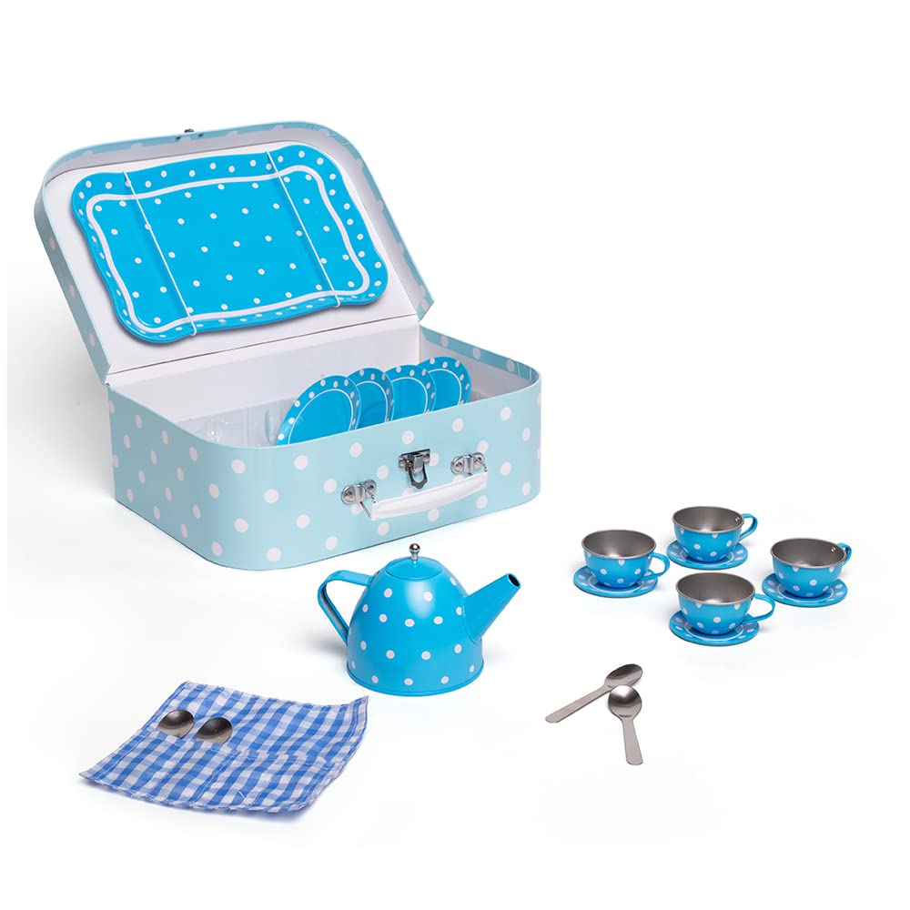 Bigjigs Toys Service à Thé En Panier Osier Motif Pois – 4 Tasses, Théière, Cuillères – Dès 3 Ans