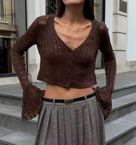 Women Crochet Cardigan Button Down Bell Long Sleeve V Neck Knit Crop Shirts Lightweight Sweater Tops4
