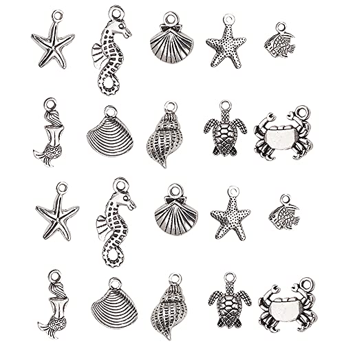 Airssory 50 Pcs 10-Shapes Alloy Ocean Sea Themed Starfish Sea Horse Crab Conch Mermaid Shell Fish Tortoise Charms Mini Animals Pendants for Jewelry Making DIY - 15x13mm