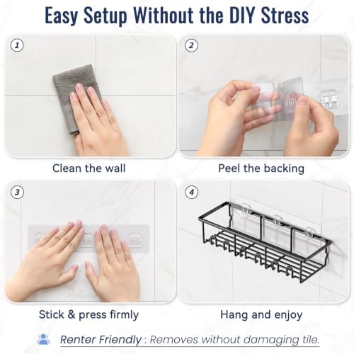 zeawec 8 Pack Adhesive Rustproof Shower Caddy with Soap Dishes, Toothbrush Holder & Hooks, Large Capacity No-Drilling Shower Shelves Rack for Bathroom Organizers and Storage Accessories, Black - 5