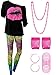 80 Jahre Damen Kostüm Set, T Shirt, Legging Hose Ohrring Halskette Handschuhe Armband (Kurz Ärmel, XL)