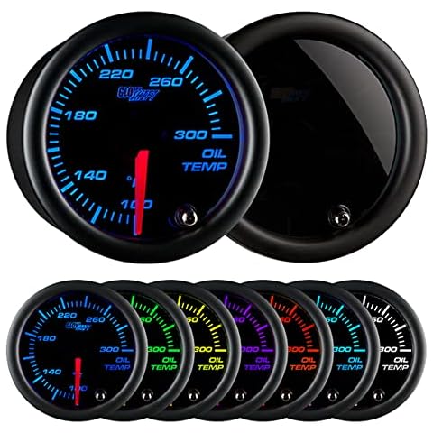 GlowShift Tinted 7 Color 300 F Oil Temperature Gauge Kit - Includes Electronic Sensor - Black Dial - Smoked Lens - for Car & Truck - 2-1/16" 52mm Cover