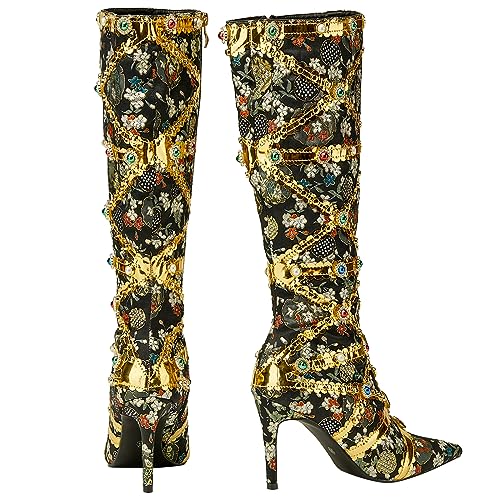 YIYA Women's Gold Jeweled Embellished Boots Floral Print Crystal Gem Knee High Boots Sexy Pointed Toe Stiletto High Heels Side Zipper Long Booties3
