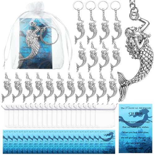 Quelay 20 Set The Magical Mermaid Keychain Gifts for Women Mermaid Keychain Party Favors Gift Bulk with Inspirational Positive Card Organza Bags for Women Themed Party Supplies