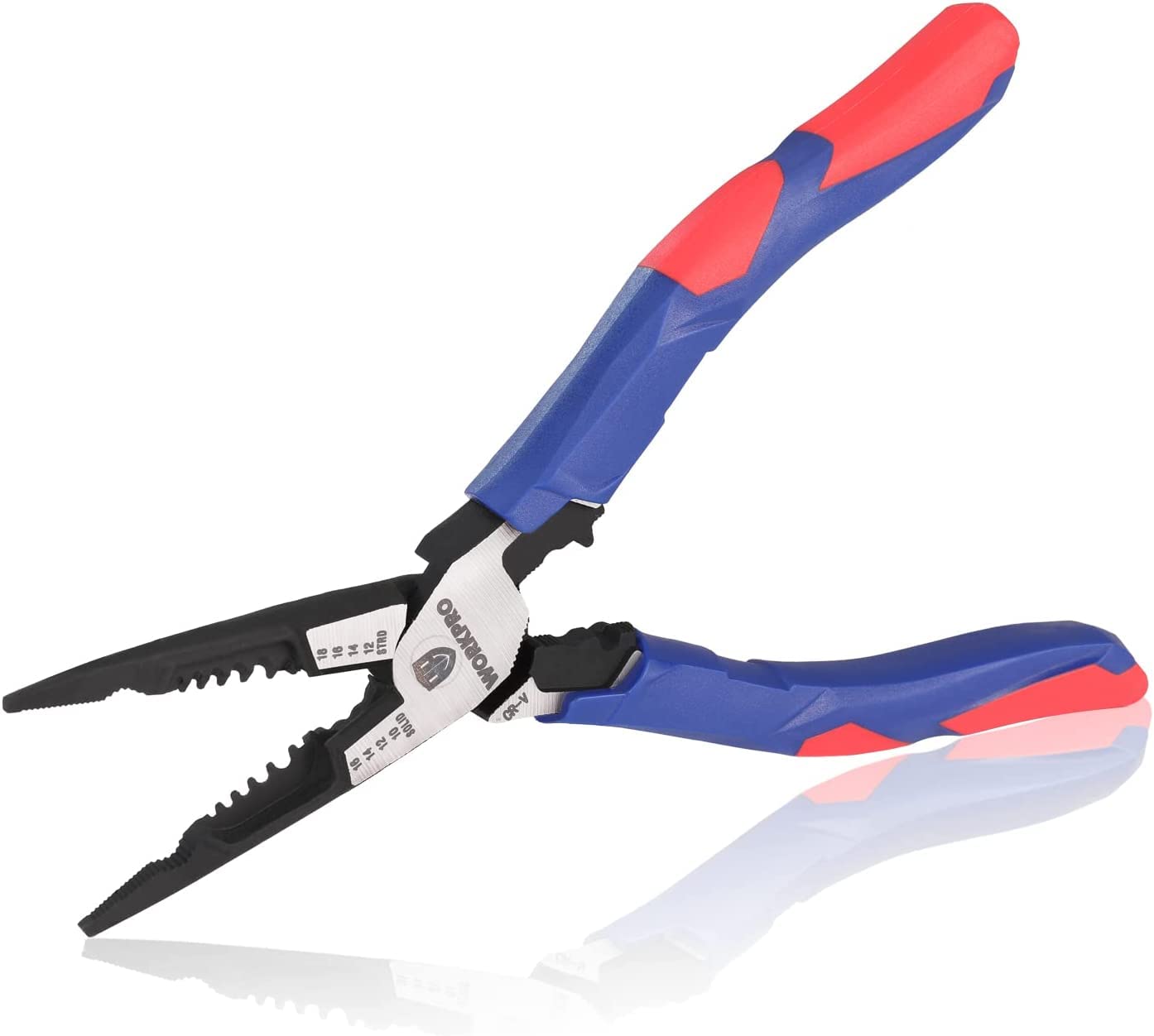 7-in-1 Needle-Nose Pliers, Wire Stripper/Cutter/Crimper and Spanner, 200 mm Long Nose Pilers for 16-10 AWG (1.3-2.6 mm) Wire, Cr-V Multi Hand Tools for Electrician
