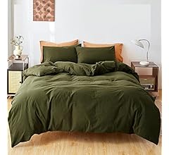FANSTIVE Duvet Cover Set Queen Size, 100% Washed Cotton, Linen Like Super Soft and Breathable, 3 Pieces Olive Green Bedding…
