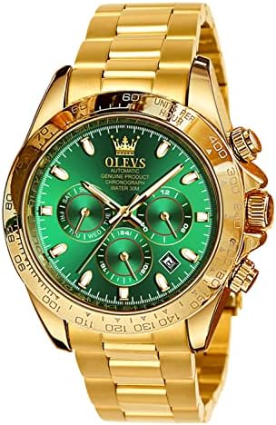 OLEVS Men Watches Gold Automatic Self Winding Stainless Steel Mechanical Multifunction Chronograph Analogue Waterproof Date Luminous Gent Wrist Watch