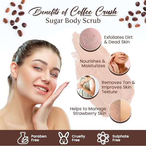 Image of The Body Bucket Coffee Crush Sugar Body Scrub- 200g | Included Free Bath Bomb | 3-in-1 Exfoliator, Cleanser, Moisturizer | De-Tan & Brightens Dark Areas | Smooths Strawberry Legs & Arms | Sulfate & Paraben Free