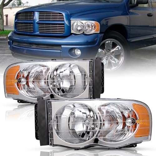 JSBOYAT Headlight Assembly Replacement Compatible with 2002-2005 Dodge Ram 1500 Pickup and 2003-2005 Dodge Ram 2500/3500 Pickup Driver Passenger Side (Chrome Housing with Amber Reflector)