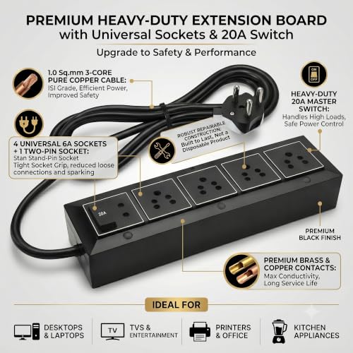 Image of Extension Board 10A 5 Socket 250 Volts Spike Guard, Extension Board, 1 Sq.mm 3 core Pure Copper Wire, Heavy Duty ABS Body with 20A Master Switch,2 Meter Cable