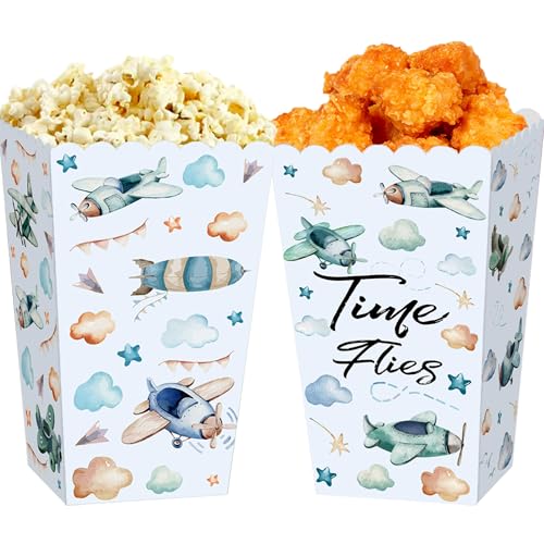 Image of 12 PCS Airplane Plane Popcorn Boxes Airplane Gift Goodie Bags Box Birthday Party Decorations Time Flies Robot Candy Boxes for 1st Birthday Baby Shower Decor