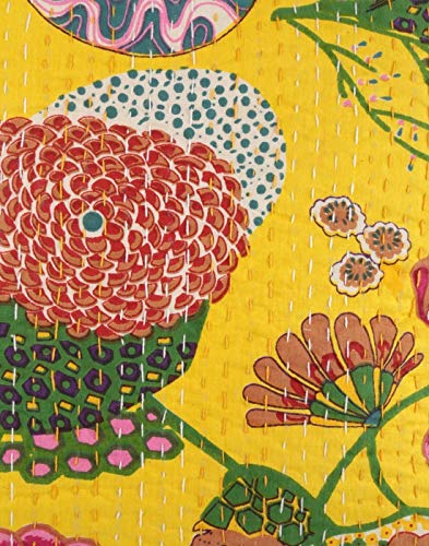 Image of Cotton Kantha Embroidery Cushion Cover (16x16-inches) (Set of 1, Yellow)