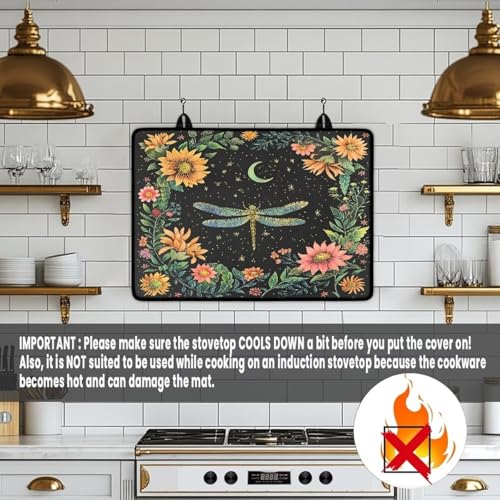 Image of Poceacles Glass Top Stove Cover for Electric Stove, Foldable Cooktop Protector Multipurpose Mat Washer Dryer Top Protector Kitchen Decor Accessories, Dragonfly Moon Flower