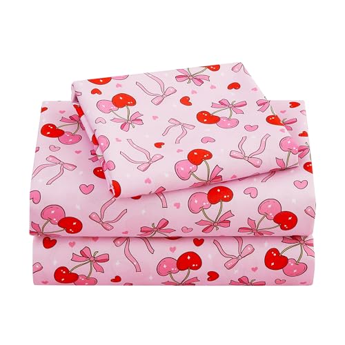 Image of Viviland 3 Pieces Girls Bow Cherry Twin Sheet Set - Soft Microfiber Fitted Flat Sheets & Pillowcase Bed Sheet Set - Pink Bedding Sets for Kids