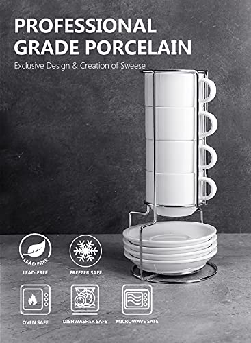 Sweese 4 Ounce Porcelain Stackable Espresso Cups With Saucers And Metal Stand Set Of 4, White - 405.401 #TOP2