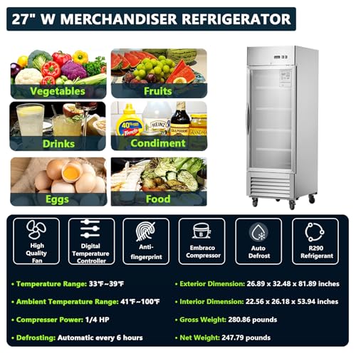 Image of 27 inch Commercial Refrigerators with Glass Door, 18.68 Cu.ft. Reach-in Commercial Fridge, Commercial Fridge refrigerator with Fan Cooling, Digital Temperature Display, ETL Certified for Restaurant, Bar