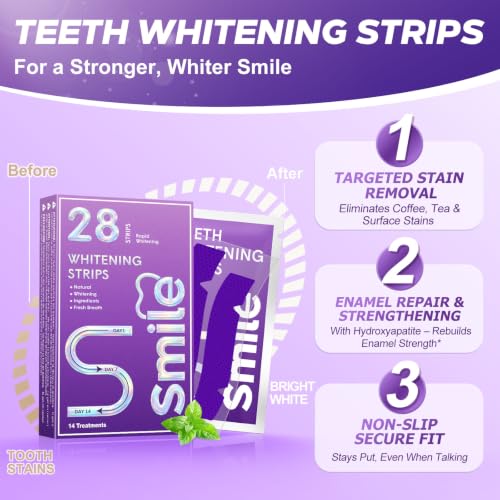 Image of Purple Teeth Whitening Strips for Sensitive Teeth 28 Count Whitener Strips | Tooth Whitening Stirps with Non Slip & Enamel Safe & Non Sensitive, Teeth Whitening Kit for Coffee Wine Stains Removal Fastly