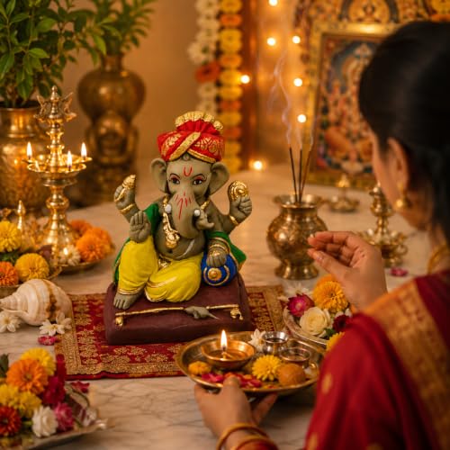 Image of Clay Ganesh Idol, 4 Inches Height, Water Soluble Ganpati Murti for Ganpati Visarjan (Small) (Multicolor - Pagri Ganesha)