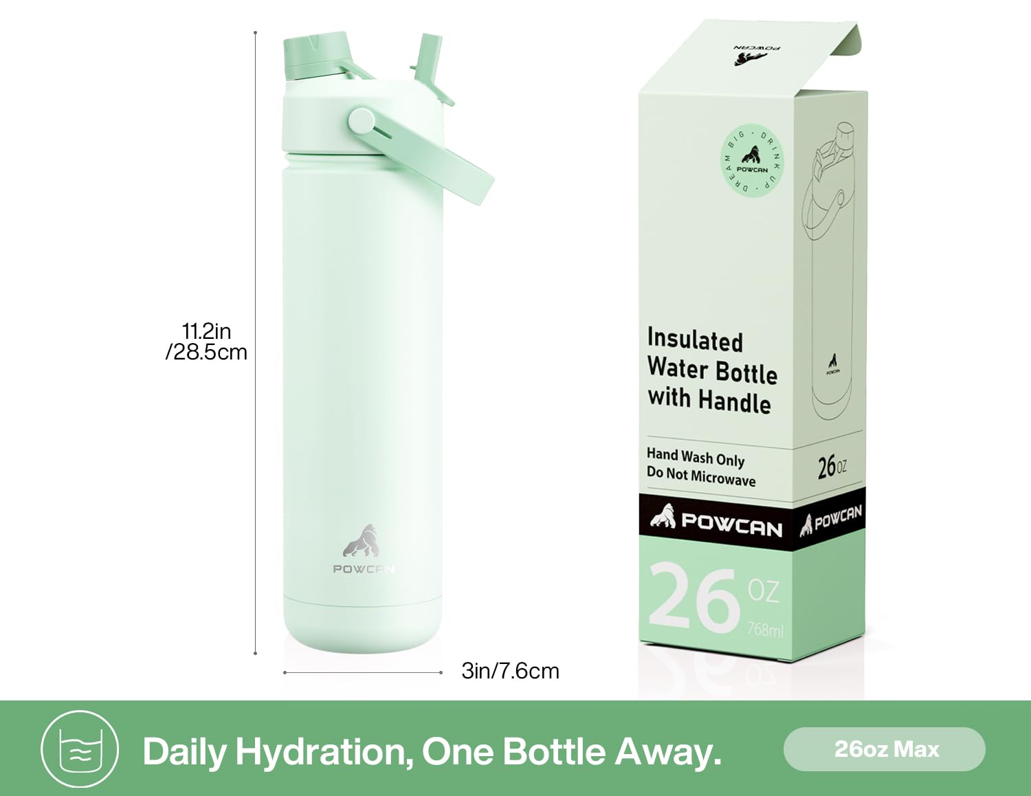 POWCAN Bouteille d'eau isotherme de 760 ml avec paille 2 en 1 et couvercle à bec verseur, garde au froid 24 h, anti-fuite, sans BPA, bouteille d'eau à double paroi en acier inoxydable pour sport, gym,