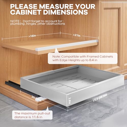 2 Pack Expandable Width (15.15"-26.3") Pull Out Cabinet Organizer 21" Deep with Raising Pad for Framed Cabinets, Upgrade 3 Slide Rails Slide Out Drawers, Roll Out Shelves Adhesive, Silver