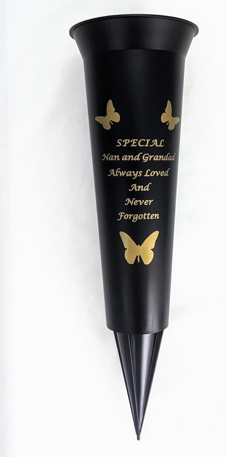 Memorial Grave Vases Ornaments Plastic Flower Holders - Butterfly Spike Grave Flower Vase Holders with Funeral Verses for Your Loved Ones - Black (Nan And Grandad)