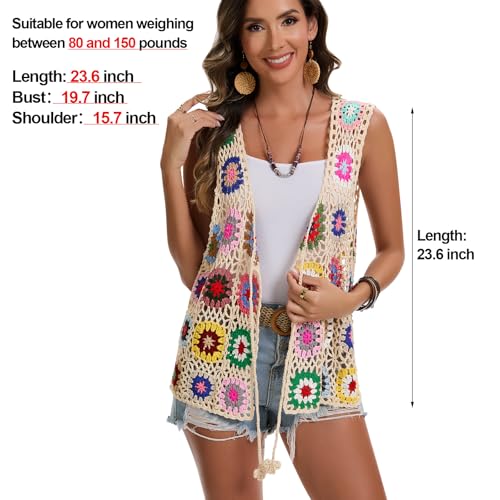 Crochet African Flower Granny Square Crochet Vest, Color Block Sweater, Knitted Multicolor Open Front Cardigan3