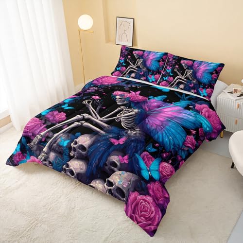 Image of QOOMO Cartoon Skull Kids Comforter Set,Blue Butterfly Bedding Set Twin Size for Boys Girls Room Decoration,Black Bed Set Microfiber Lightweight,1 Comforter 2 Pillowcases