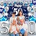 Navy Blue & Silver 50th Birthday Party Supplies - 37PCS Decorations Including Blue Happy Birthday Banner, Foil Balloons & Sash