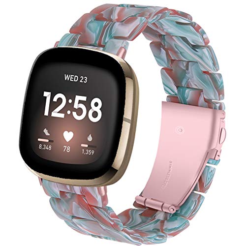 Miimall Compatible Fitbit Versa 3/Sense Band Resin Women Men Stylish Stainless Steel Metal Clasp Bracelet Bands Straps for Fitbit Versa 3/Sense(Green Red)
