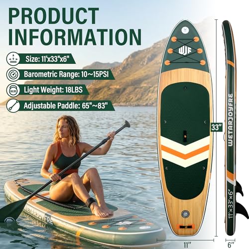 Wetarjoyfre Inflatable Paddle Board 11\'×33\"×6\" SUP Board for Adults, 17Lbs Ultra-Light Stand Up Paddleboard with 550Lbs Capacity, Non-Slip Deck & Complete Accessories for Youth & Pets