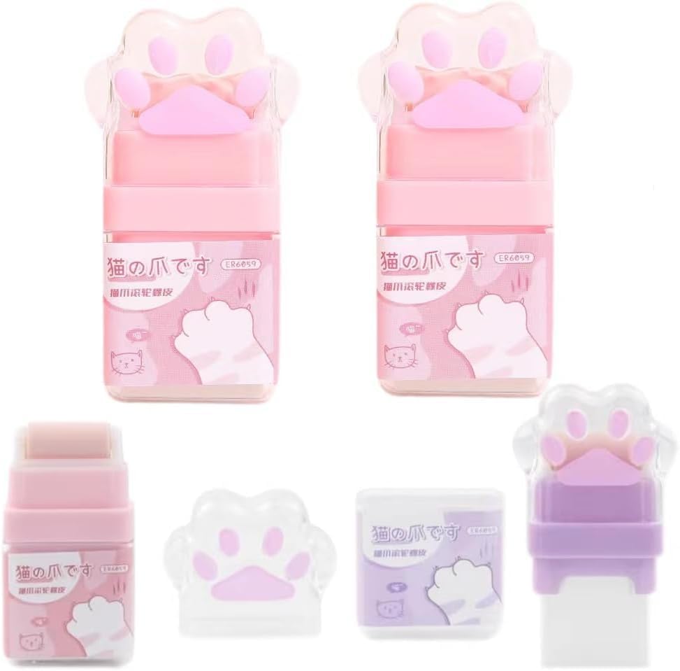2Pcs Cat Paw Roller Eraser, Multicolour Erasers for Kids,Cute Cat Rubber, Colorful Roller Eraser, Kids with Shaving Case for School Office Supply Stationery Erasers