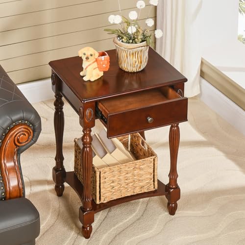 MODERION Beistelltisch aus Holz massiv,Beistelltisch mit Schubladen, Nachttisch, Hoher Sofatisch, Robust und Stabil, Platzsparend,Vintagebraun