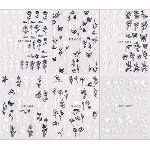 Jmeowio 5D Hollow Exquisite Black& White Flowers Nail Art Stickers Decals Self Adhesive Pegatinas Para Uñas Spring Rose Pansies Butterfly Petal Leaves Summer Design Manicure Tips Nail Decoration For Women Girls 6 Sheets thumb #1