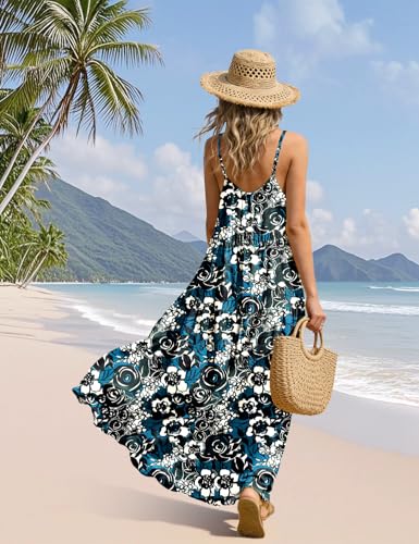 Image of YESNO Summer Bohemian Floral Dresses for Women Spaghetti Straps Maxi Dress Casual Flowy Dresses with Pockets ES0